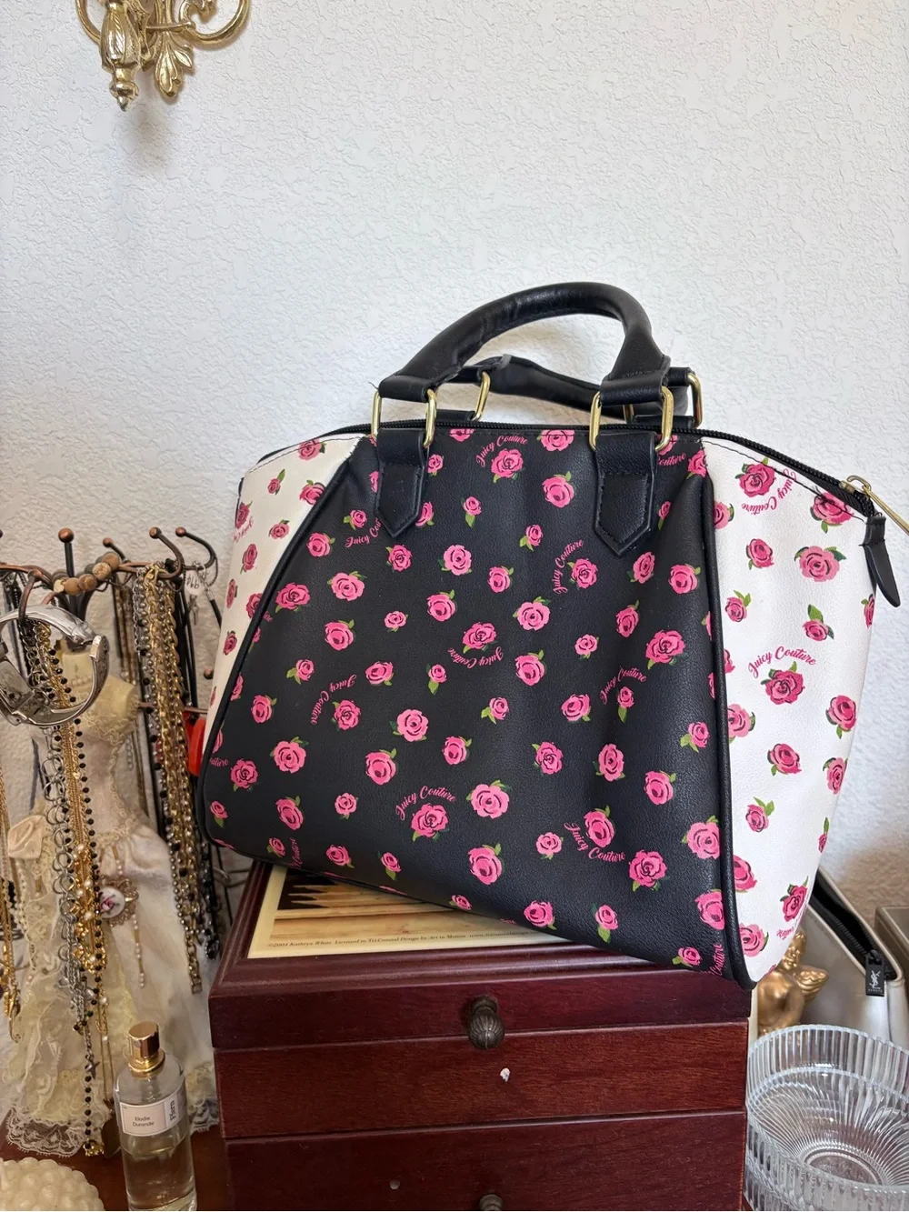 Juicy Couture Black and White Satchel Handbag with Pink Rose Floral Print